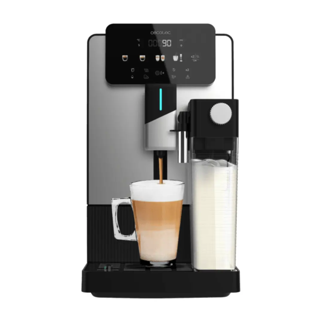Imagen frontal de la cafetera automática Cecotec Cremmaet Latte, con presión de 19 bares y display táctil para preparar café y bebidas con leche de forma automática.