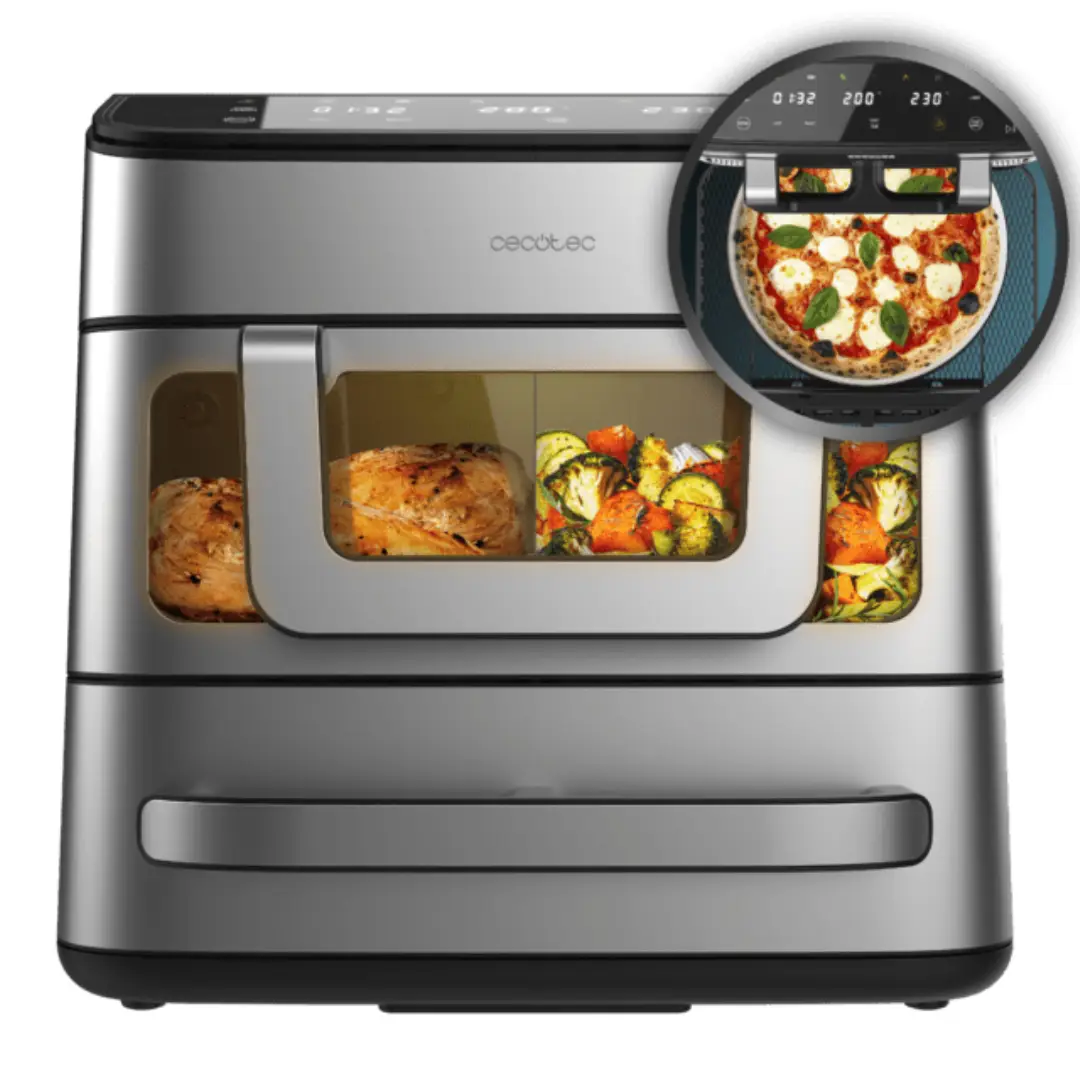 Imagen frontal de la freidora dietética Cecotec 2 en 1 A01_EU01_109979, con capacidad de 18 litros y función especial para preparar pizzas y frituras saludables.