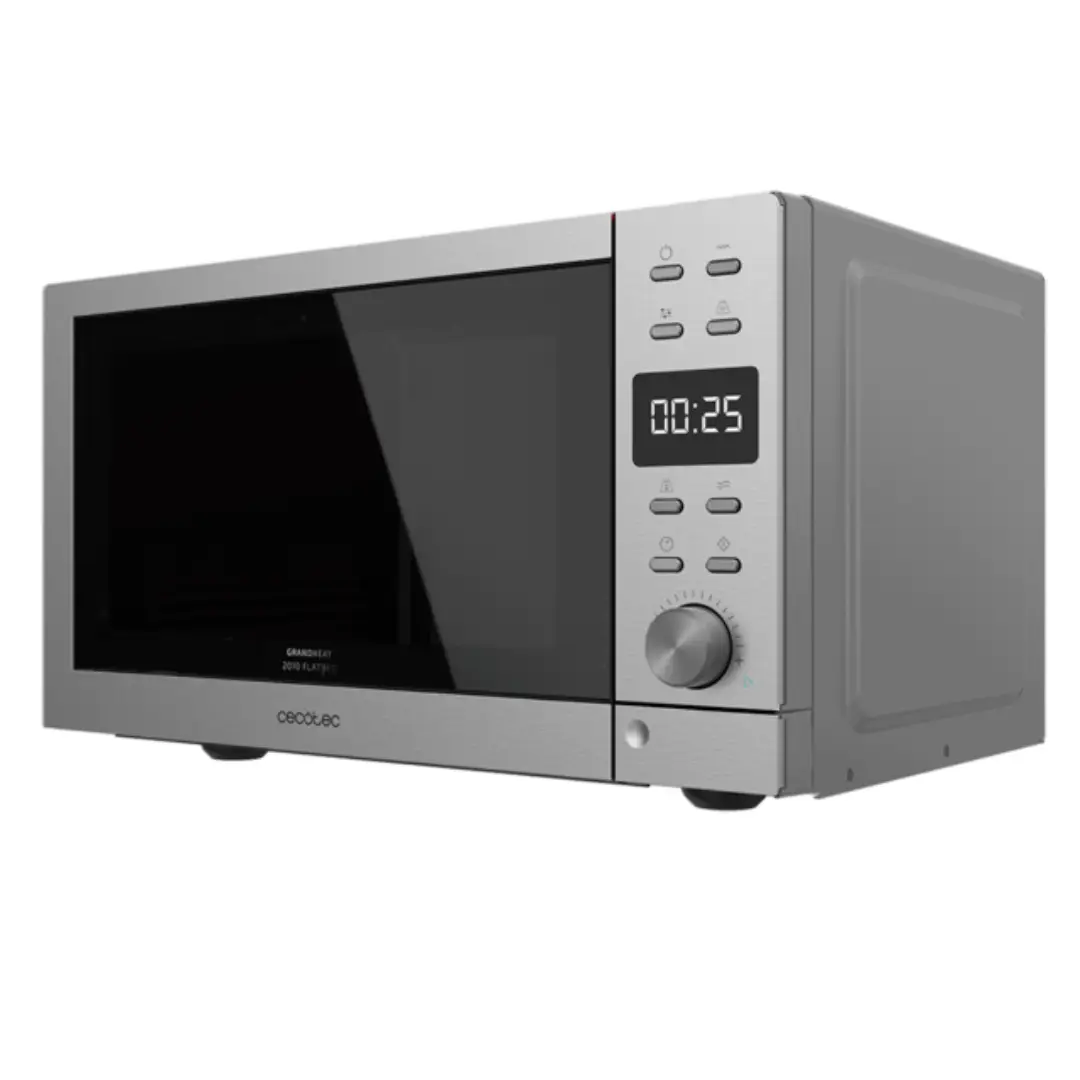 Imagen lateral del microondas Cecotec GrandHeat 2010 Flatbed en acero inox, mostrando su diseño moderno y sistema Flatbed sin plato giratorio.