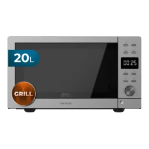 Imagen frontal del microondas Cecotec GrandHeat 2010 Flatbed en acabado inox, con capacidad de 20 litros, potencia de 700 W y grill de 900 W.