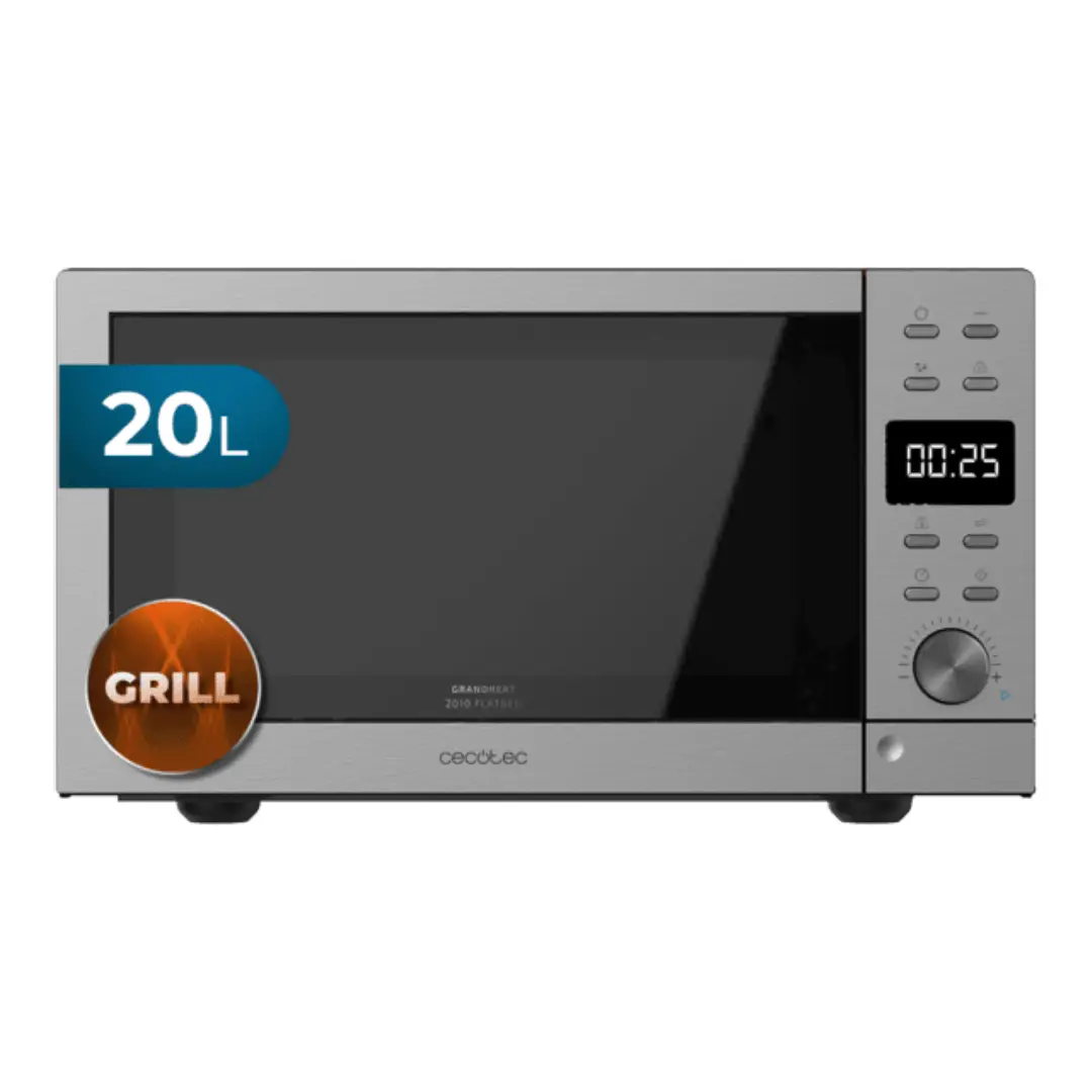 Imagen frontal del microondas Cecotec GrandHeat 2010 Flatbed en acabado inox, con capacidad de 20 litros, potencia de 700 W y grill de 900 W.