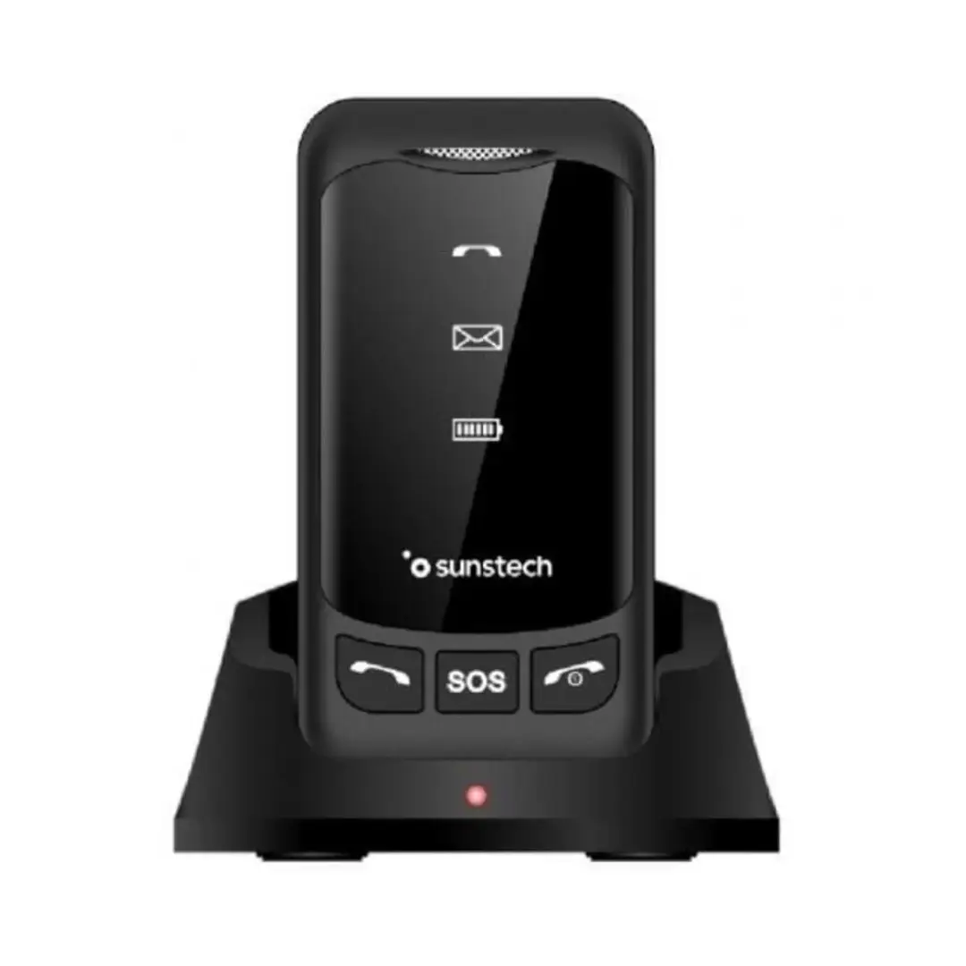 Imagen frontal del teléfono móvil Sunstech CELT-25BK en color negro, con pantalla de 2,8 pulgadas, conectividad 4G, Dual SIM y base de carga incluida.