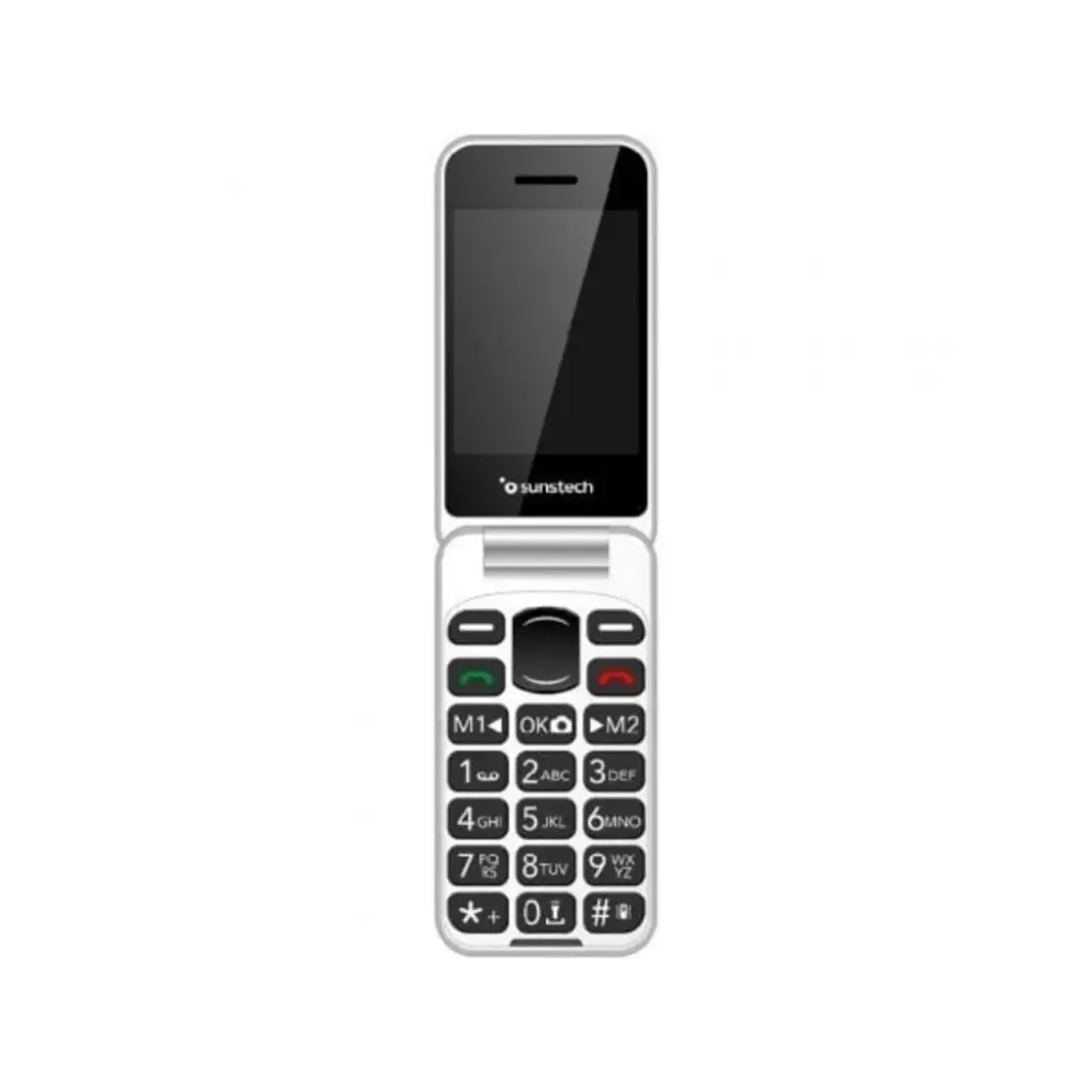 Imagen del teléfono móvil Sunstech CELT-25BK abierto, mostrando el teclado físico, pantalla de 2,8" y diseño compacto para uso cómodo.