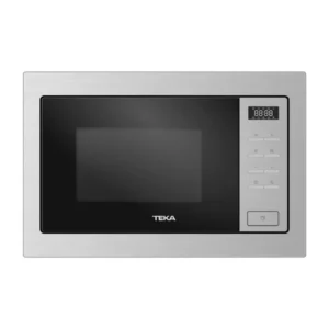 Imagen frontal del microondas de encastre Teka MSEG-825 FI SS en acabado inox, con capacidad de 25 litros, función grill y potencia total de 1450 W.