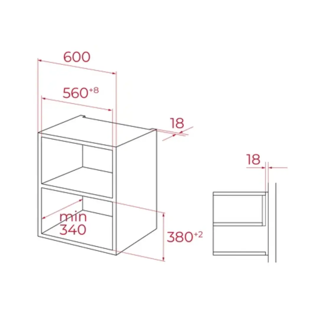 Imagen con las dimensiones del microondas de encastre Teka MSEG-825 FI SS en acero inox, mostrando altura, anchura y profundidad para instalación integrada.
