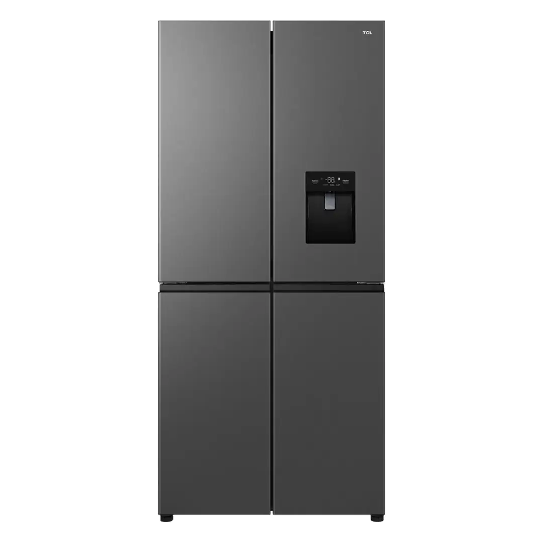 Imagen frontal del frigorífico TCL RP-466CSE1 Cube en acabado Dark Inox, con diseño de 4 puertas, capacidad total de 466 litros y dispensador de agua integrado.
