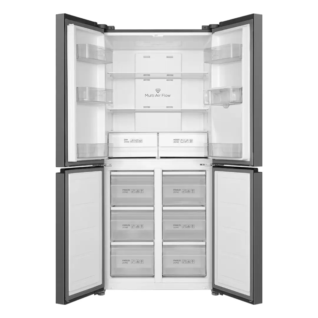 Imagen del frigorífico TCL RP-466CSE1 Cube con las puertas abiertas y sin alimentos, mostrando la distribución interior de los compartimentos.