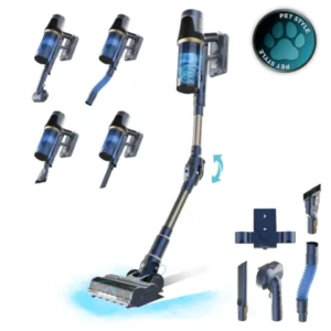 Imagen principal del aspirador escoba Cecotec Rockstar RS70 Pet Flex con todos sus accesorios, potencia de 500 W, succión de 150 AW y autonomía de hasta 60 minutos, ideal para hogares con mascotas.