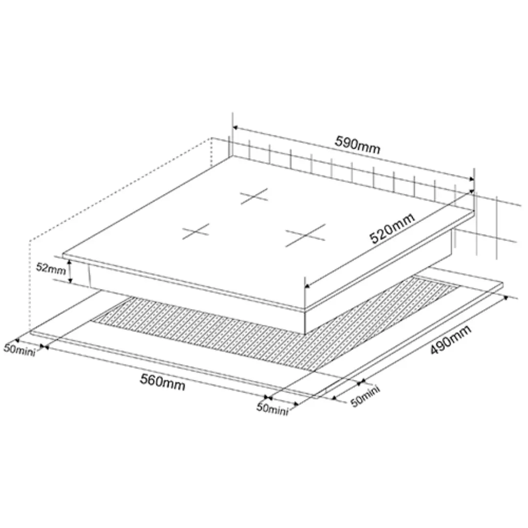 Imagen con las medidas de la placa vitrocerámica Kromsline KVR-3FR-B-3, mostrando dimensiones de encastre y ancho estándar de 60 cm.