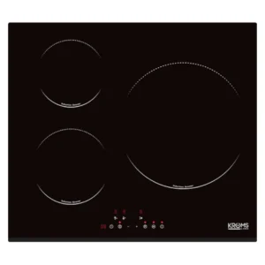 Imagen frontal de la placa vitrocerámica Kromsline KVR-3FR-B-3 en color negro, con 3 zonas de cocción y diseño moderno de 60 cm.