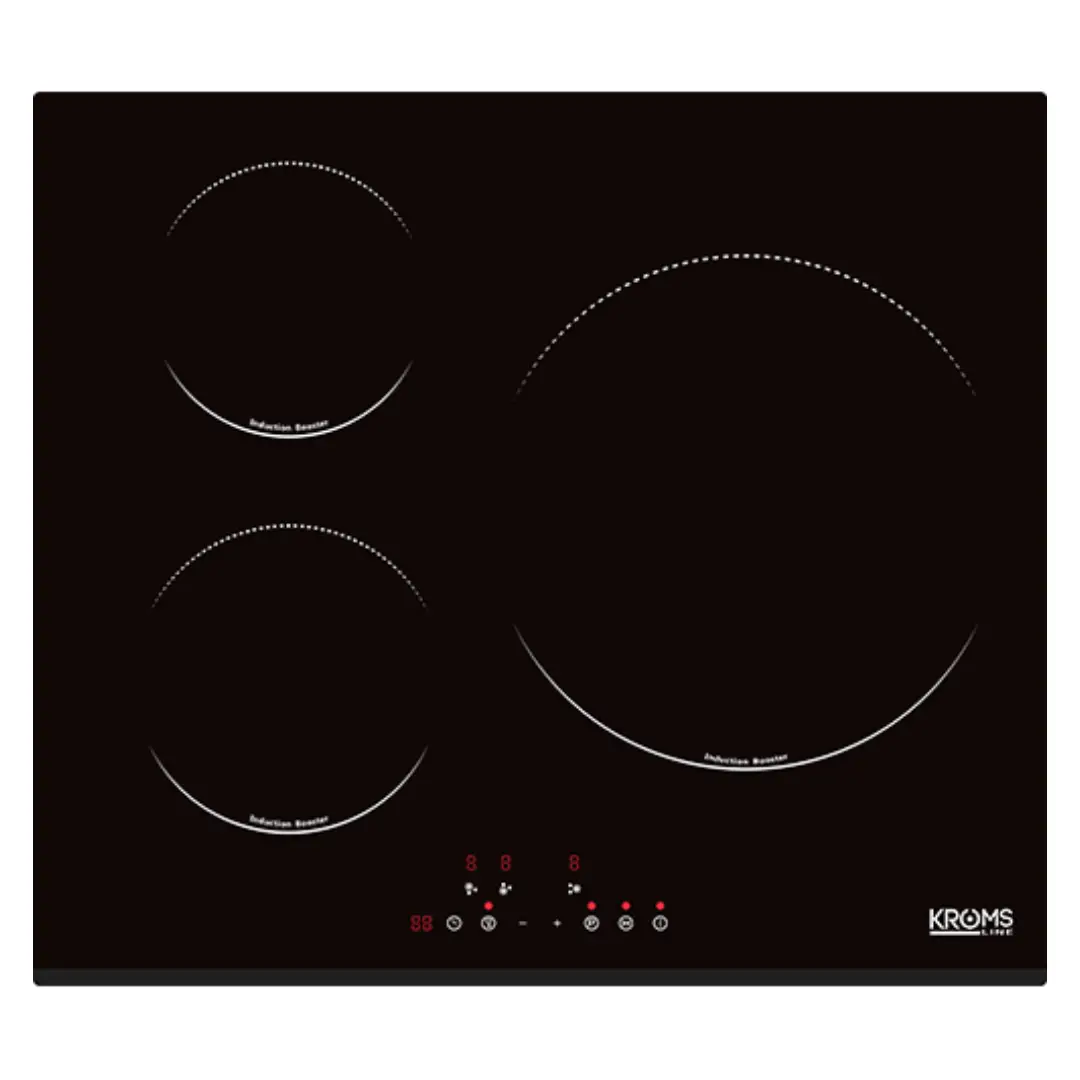 Imagen frontal de la placa vitrocerámica Kromsline KVR-3FR-B-3 en color negro, con 3 zonas de cocción y diseño moderno de 60 cm.