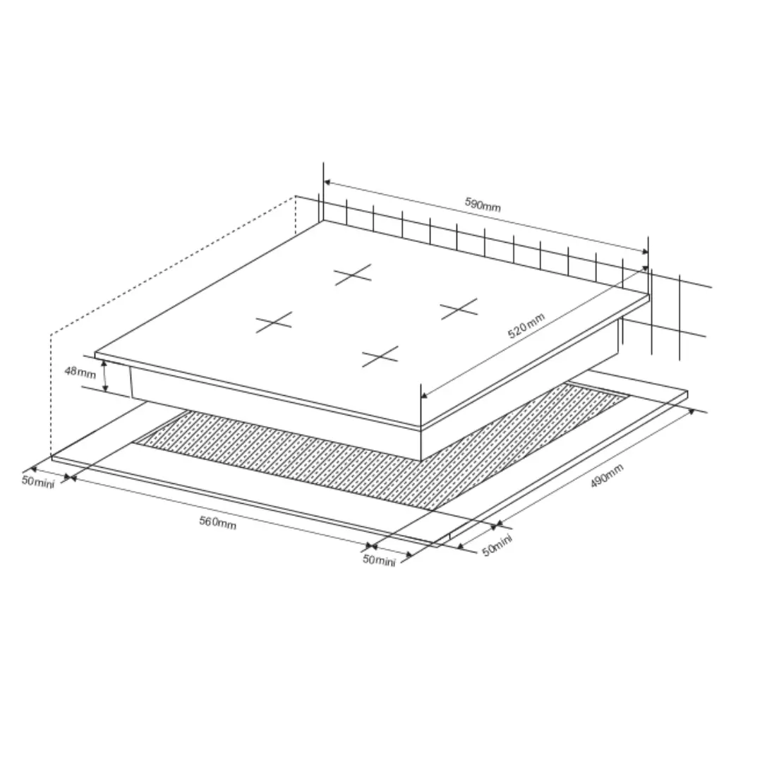 Imagen con las dimensiones de la placa vitrocerámica Kromsline KV-4F-RA-TC, mostrando el ancho de 60 cm y medidas de encastre para instalación en cocina.