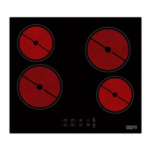 Imagen frontal de la placa vitrocerámica Kromsline KV-4F-RA-TC en color negro, con 4 zonas de cocción, potencia total de 6 kW y control táctil Touch Control.