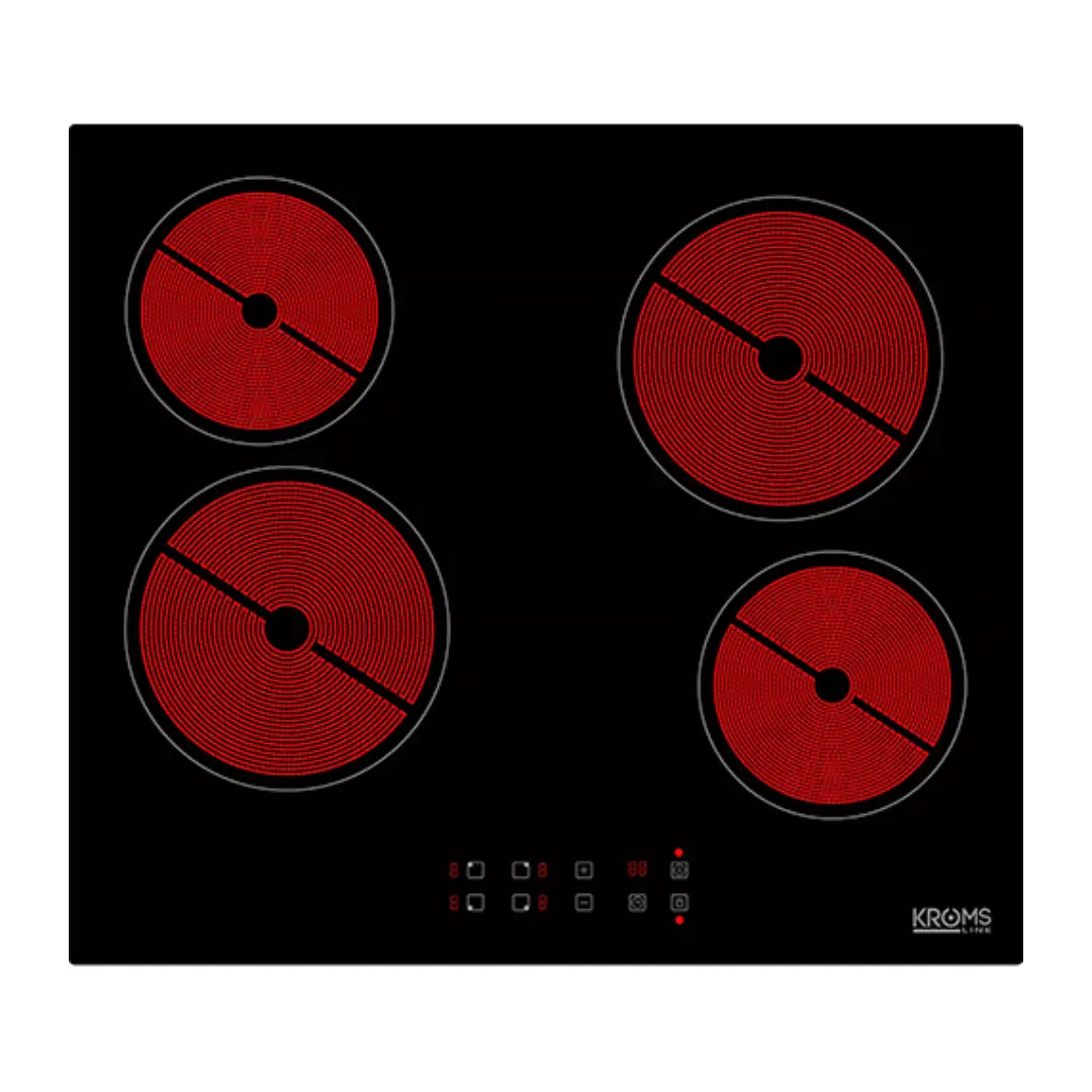Imagen frontal de la placa vitrocerámica Kromsline KV-4F-RA-TC en color negro, con 4 zonas de cocción, potencia total de 6 kW y control táctil Touch Control.