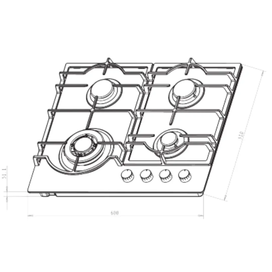 Imagen con las dimensiones de la placa de cristal a gas Kromsline KPG-4F-MCVU, mostrando ancho de 60 cm y medidas de encastre para instalación en cocina.