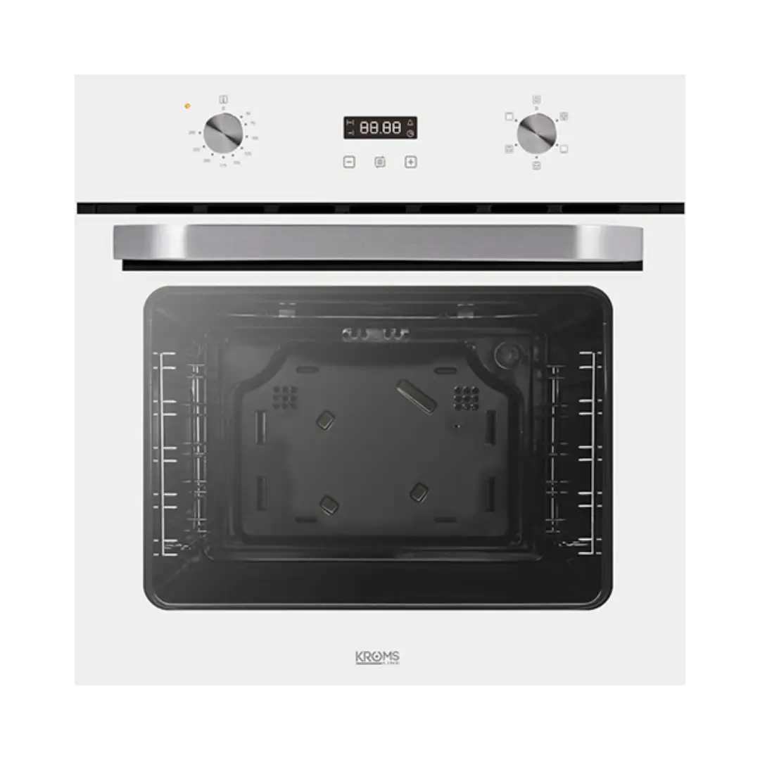 Imagen frontal del horno multifunción Kromsline KHCR-205-W-S en acabado cristal blanco, con capacidad de 70 litros y diseño elegante de integración.