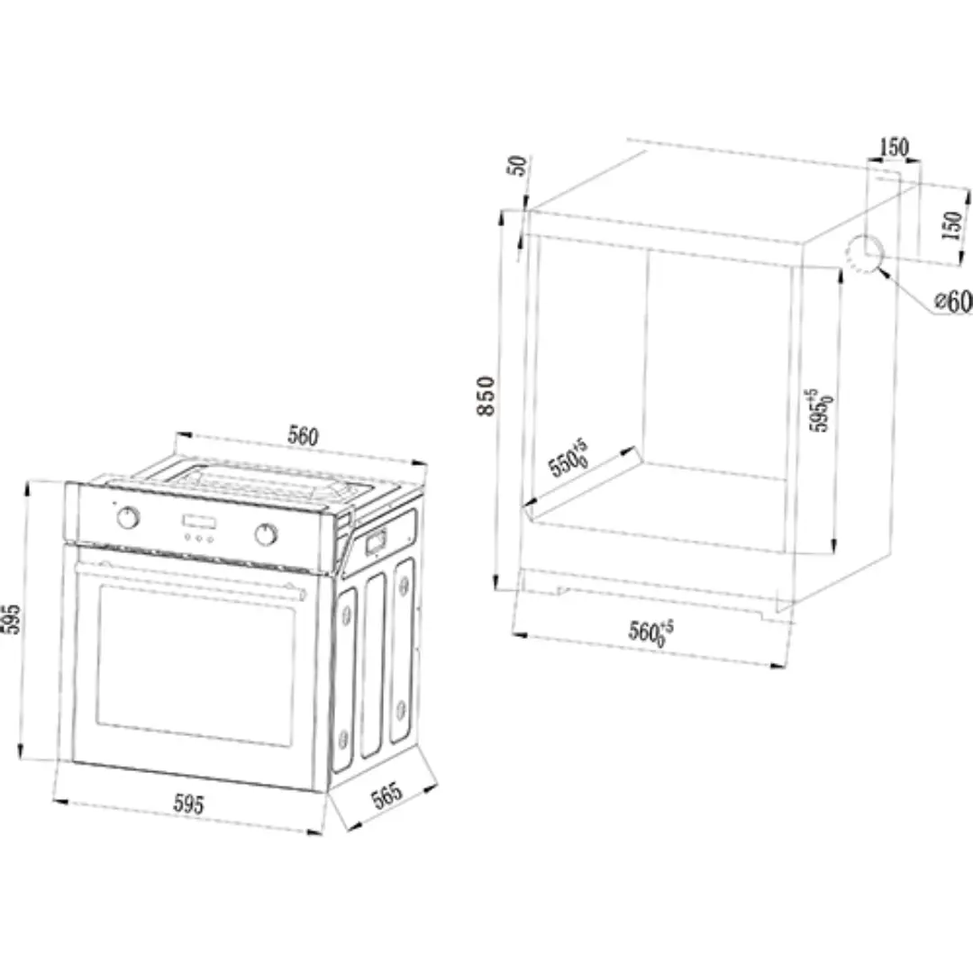 Imagen con las dimensiones del horno Kromsline KHI-305-D-G en acero inoxidable, mostrando las medidas de encastre estándar para muebles de cocina.