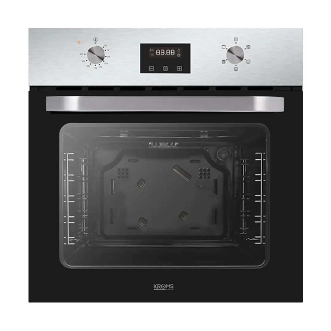 Imagen frontal del horno Kromsline KHI-305-D-G en acabado inox, con capacidad de 70 litros, eficiencia energética clase A y display LED integrado para un control preciso.