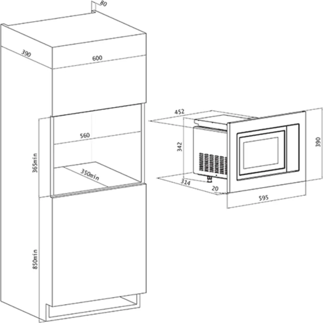Imagen con las dimensiones del microondas de encastre Kromsline KMM-20-DX en acero inoxidable, indicando medidas de encastre y dimensiones exteriores.