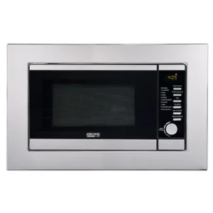 Imagen frontal del microondas de encastre Kromsline KMM-20-DX en acabado inox, con capacidad de 20 litros, potencia de 700 W y función grill integrada.