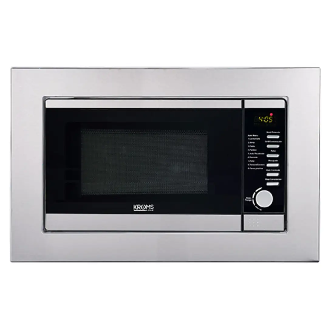 Imagen frontal del microondas de encastre Kromsline KMM-20-DX en acabado inox, con capacidad de 20 litros, potencia de 700 W y función grill integrada.