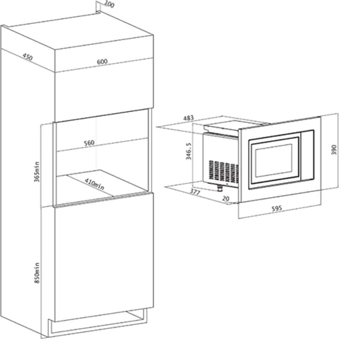 Imagen con las dimensiones del microondas de encastre Kromsline KMM-25-DXN, mostrando las medidas de encastre y dimensiones exteriores del aparato.