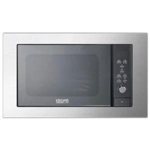 Imagen frontal del microondas de encastre Kromsline KMM-25-DXN en acabado inox, con capacidad de 25 litros, potencia de 900 W y función grill integrada.