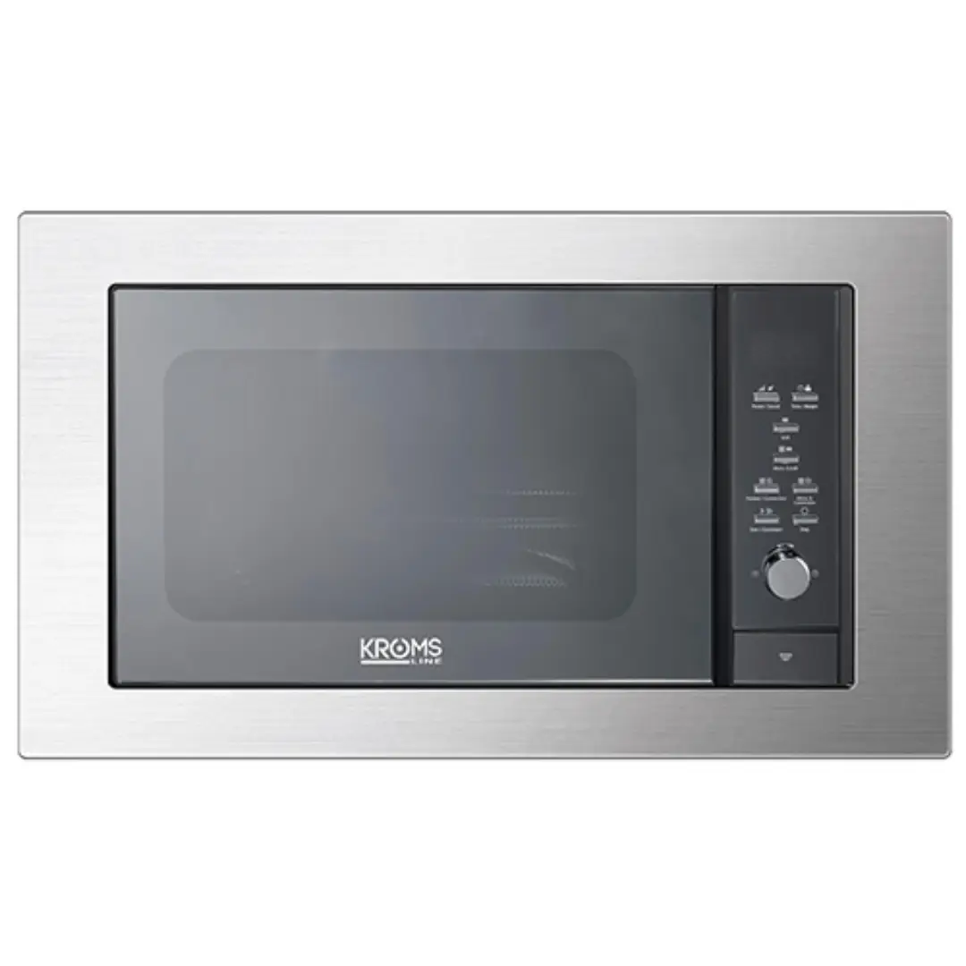 Imagen frontal del microondas de encastre Kromsline KMM-25-DXN en acabado inox, con capacidad de 25 litros, potencia de 900 W y función grill integrada.