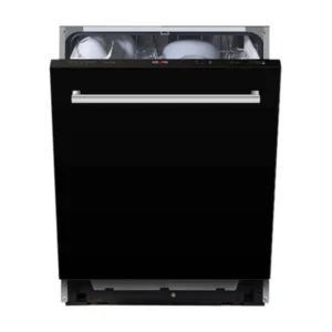 Imagen frontal del lavavajillas integrable Kromsline KLV-6-CR-BK en acabado cristal negro, con capacidad para 12 cubiertos y diseño de integración para cocinas modernas.