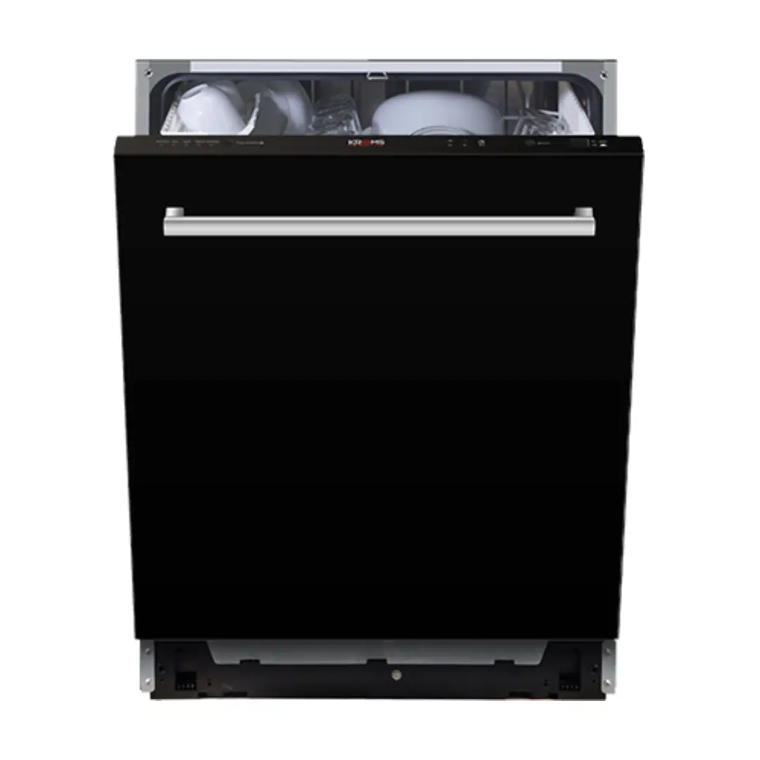 Imagen frontal del lavavajillas integrable Kromsline KLV-6-CR-BK en acabado cristal negro, con capacidad para 12 cubiertos y diseño de integración para cocinas modernas.