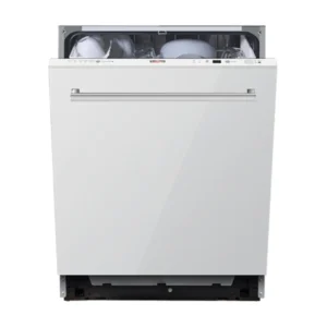 Imagen frontal del lavavajillas integrable Kromsline KLV-6-CR-W en acabado cristal blanco, con capacidad para 12 cubiertos y diseño integrable para cocinas modernas.