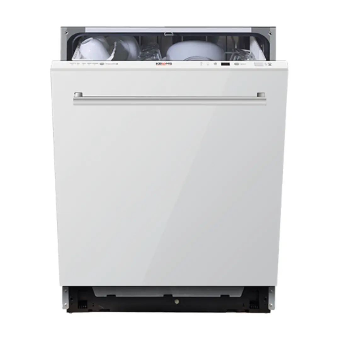 Imagen frontal del lavavajillas integrable Kromsline KLV-6-CR-W en acabado cristal blanco, con capacidad para 12 cubiertos y diseño integrable para cocinas modernas.