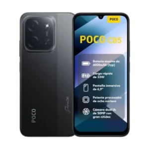 Imagen frontal del smartphone POCO C85 en color negro, con pantalla de 6,9 pulgadas, 6 GB de memoria RAM, 128 GB de almacenamiento, batería de 6000 mAh y tasa de refresco de 120 Hz.
