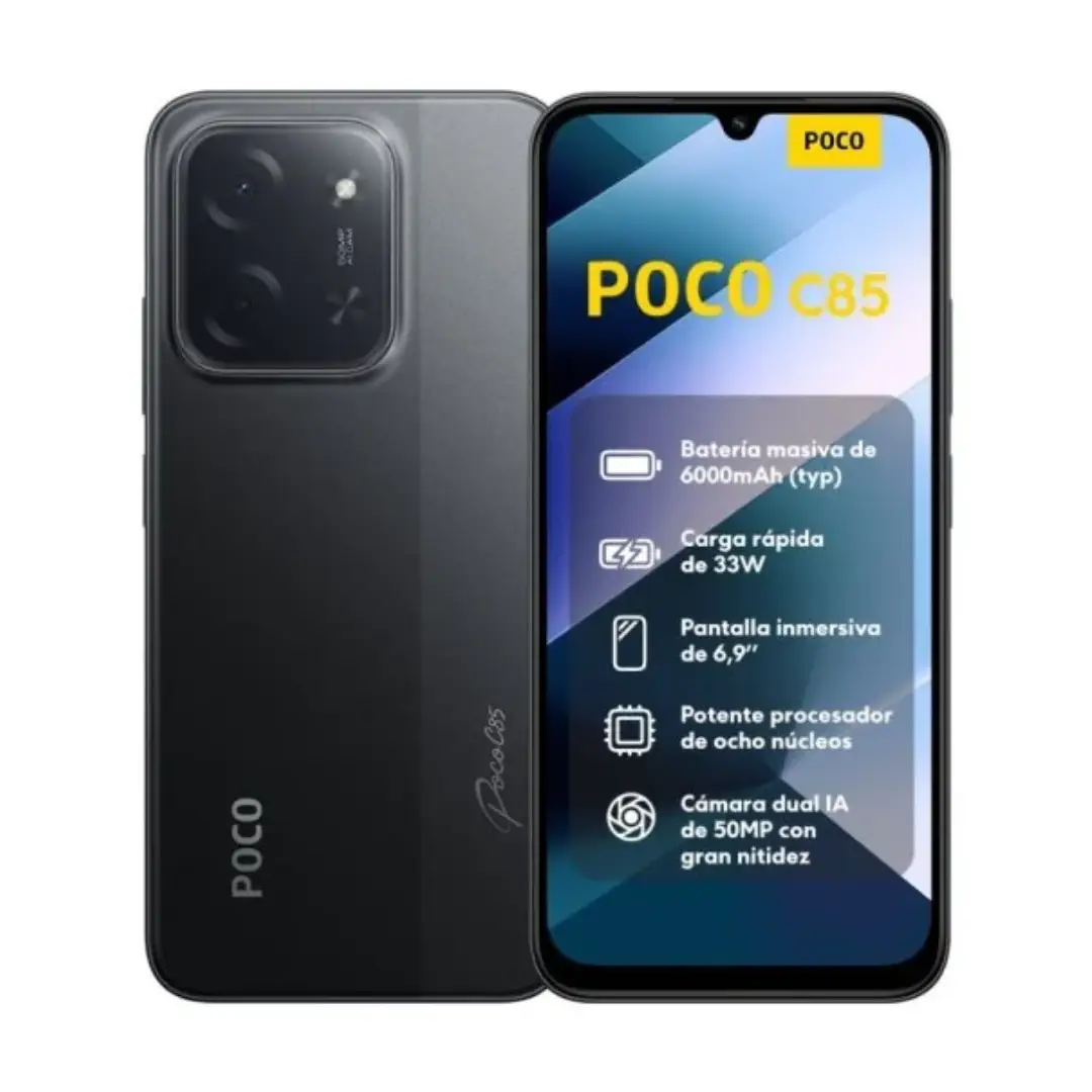 Imagen frontal del smartphone POCO C85 en color negro, con pantalla de 6,9 pulgadas, 6 GB de memoria RAM, 128 GB de almacenamiento, batería de 6000 mAh y tasa de refresco de 120 Hz.