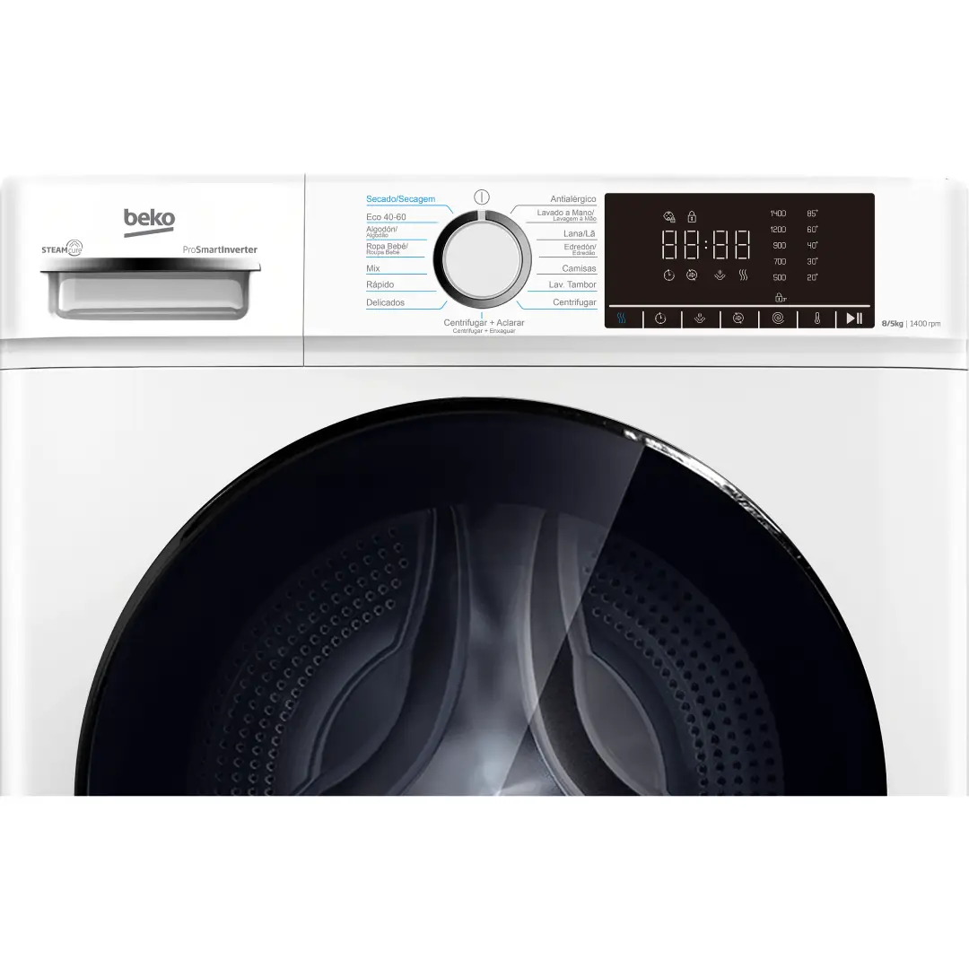 Imagen del panel de control de la lavadora-secadora Beko B1D-85364WSPT, con selector de programas, botones y pantalla para controlar lavado y secado.