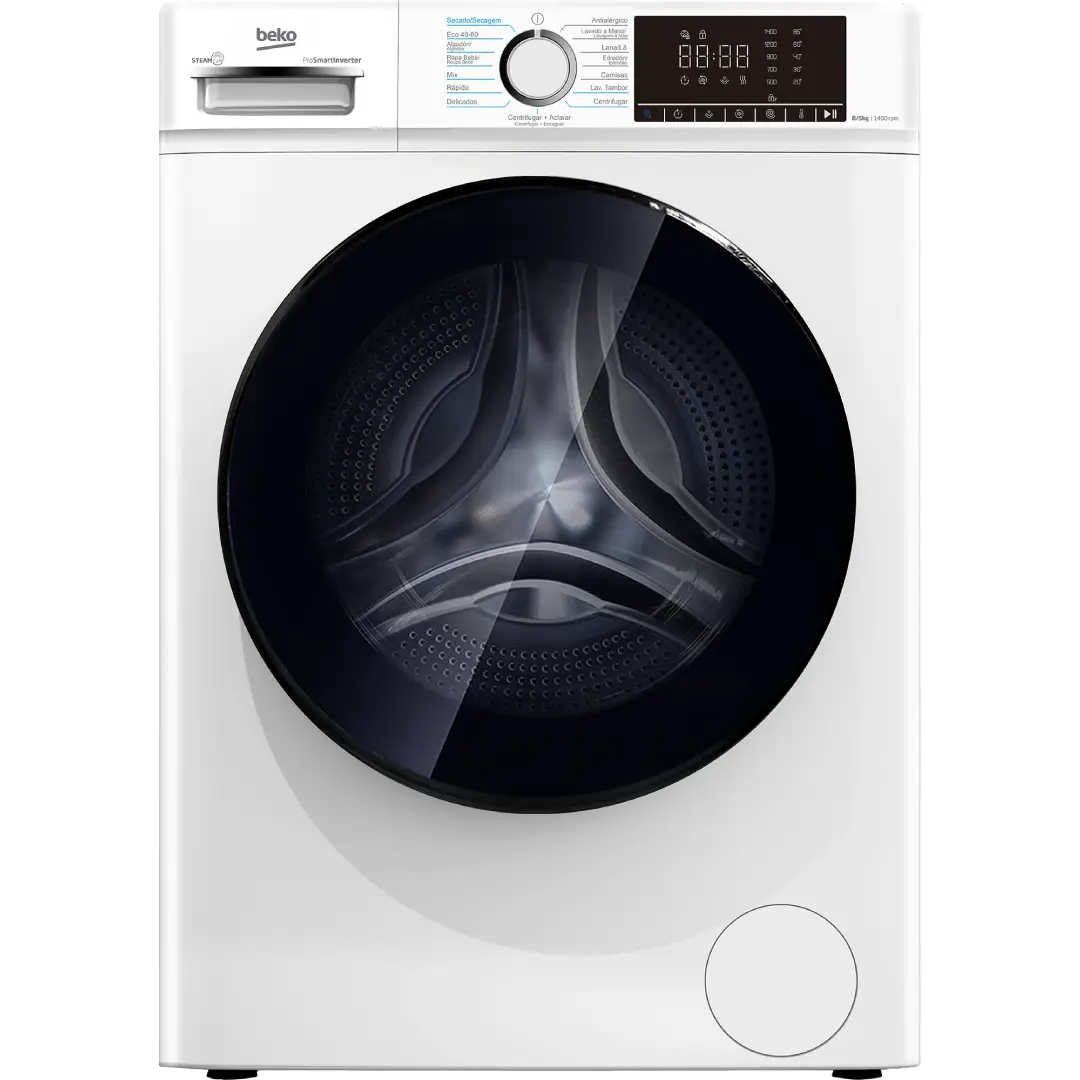 Imagen frontal de la lavadora-secadora Beko B1D-85364WSPT en color blanco, con capacidad de lavado de 8 kg, secado de 5 kg y centrifugado de 1400 rpm con motor Inverter.