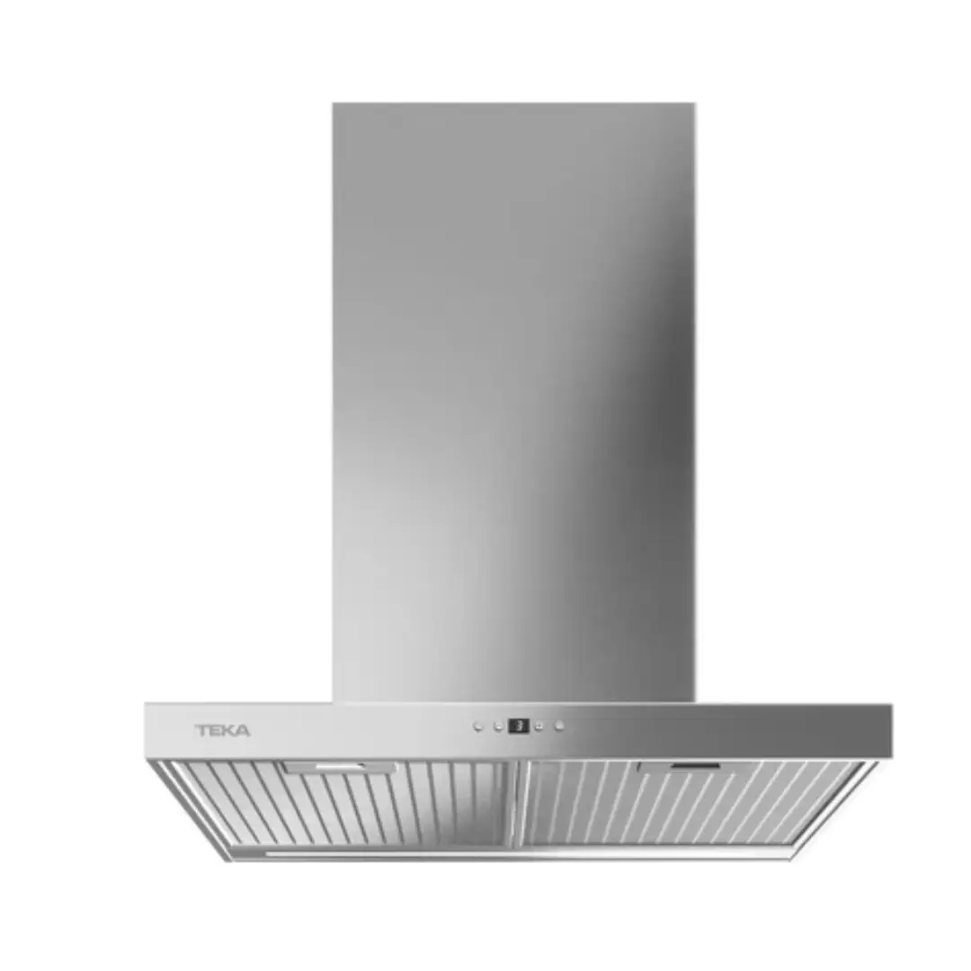 Imagen frontal de la campana decorativa Teka DSH-686 en acabado inox de 60 cm, con 3+1 velocidades y capacidad de extracción de 735 m³/h.