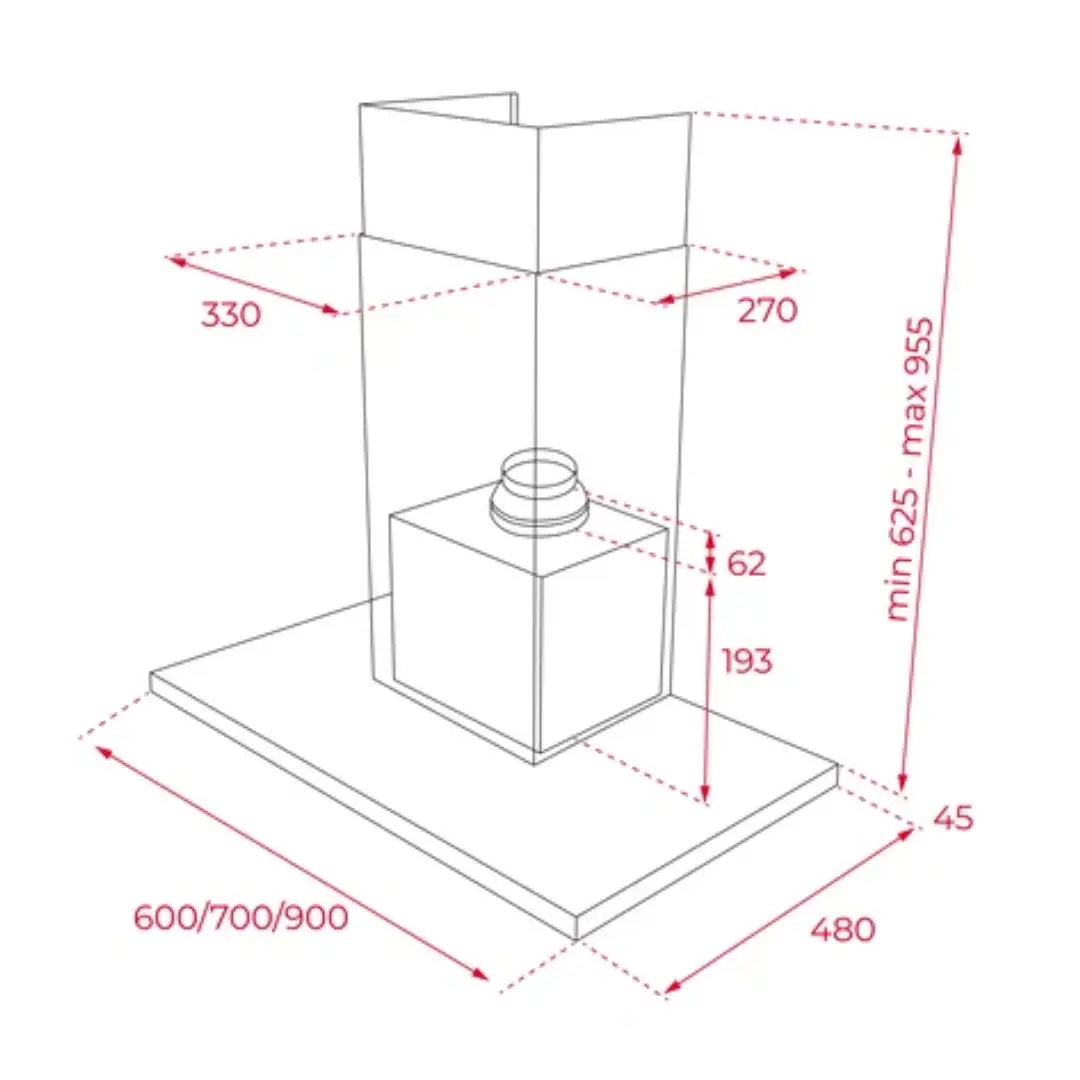 Imagen con las dimensiones de la campana decorativa Teka DSH-686, mostrando ancho de 60 cm, alto y profundidad para instalación en pared.