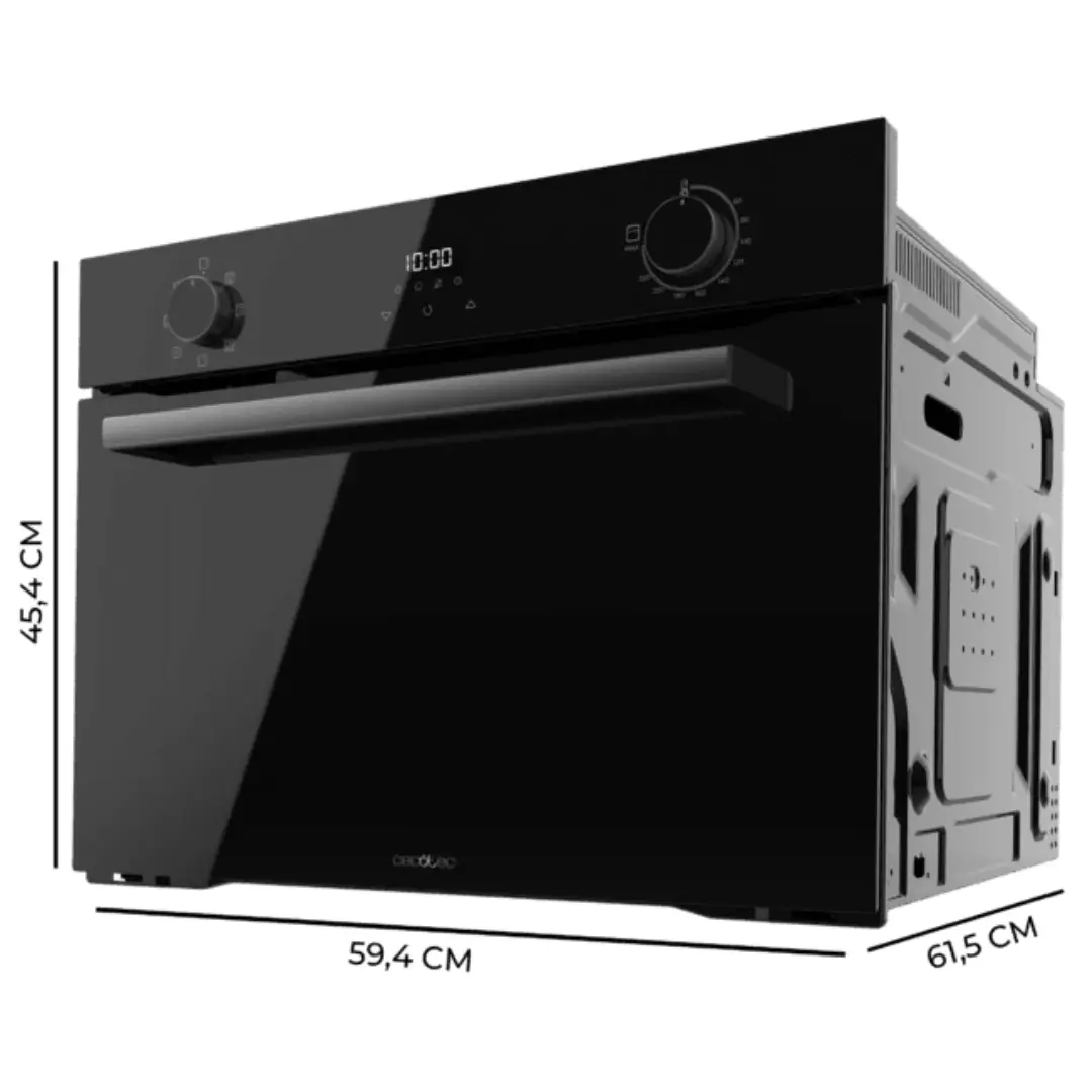 Imagen con las dimensiones del horno integrable Cecotec Bolero Hexa M224500 (01328), mostrando ancho de 45 cm, alto y fondo para encastre en mueble de cocina.