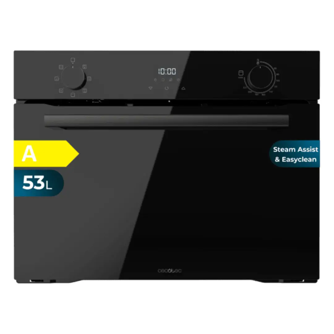 Imagen frontal del horno integrable Cecotec Bolero Hexa M224500 (01328) en cristal negro, 45 cm de ancho, 53 litros de capacidad y potencia de 2600W, Clase A.