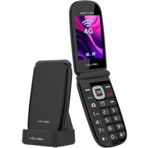 Imagen frontal del teléfono senior Astro Flip 4G de Völfen en color negro, con pantalla de 2.8 pulgadas, soporte Dual SIM, botón SOS de emergencia y memoria interna de 32 GB.