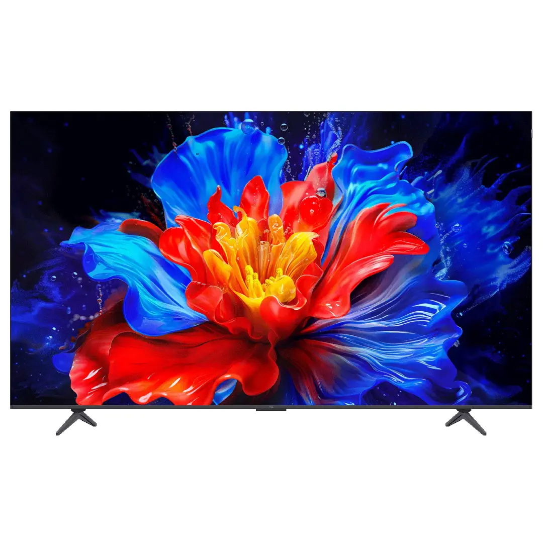 Imagen frontal del televisor TCL 85P8K de 85 pulgadas con tecnología QLED, resolución 4K, tasa de refresco 144Hz, sistema Google TV y compatibilidad Dolby Vision.