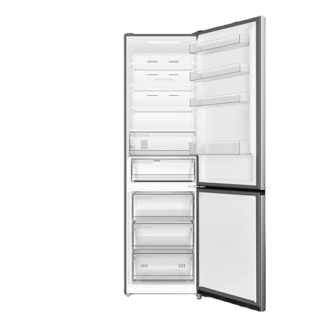 Imagen del frigorífico combi TCL RP-456BIE1EU con la puerta abierta, mostrando el interior con estantes, cajones y congelador inferior.