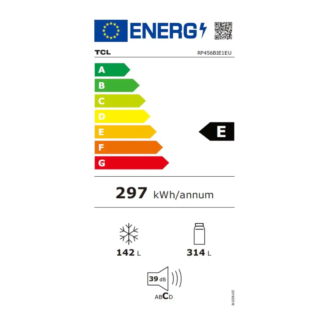 Imagen de la etiqueta energética del frigorífico TCL RP-456BIE1EU, mostrando clasificación energética Clase E y datos de consumo anual.