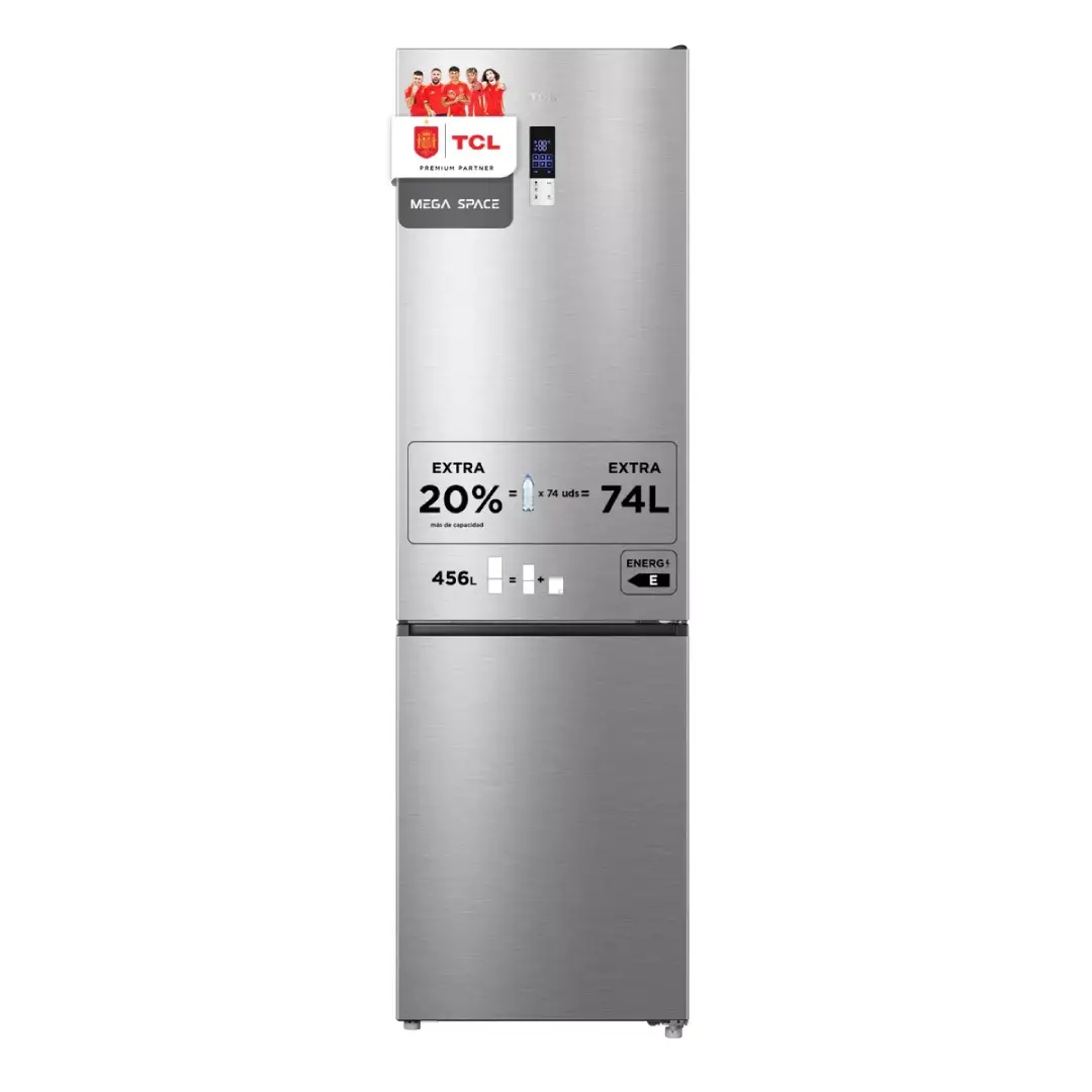 Imagen frontal del frigorífico combi TCL RP-456BIE1EU en acabado inox, con capacidad de 456 litros, altura de 201 cm y display exterior integrado.