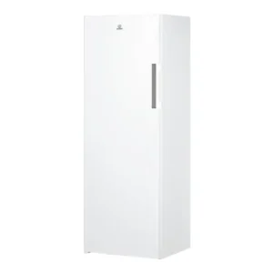Imagen frontal del congelador vertical Indesit UI6-2 W en color blanco, con altura de 167 cm, ancho de 60 cm, 4 cajones y eficiencia energética clase E.