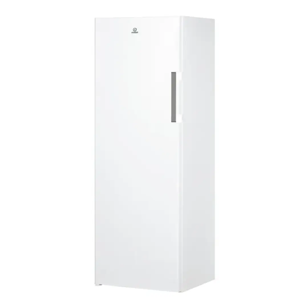 Imagen frontal del congelador vertical Indesit UI6-2 W en color blanco, con altura de 167 cm, ancho de 60 cm, 4 cajones y eficiencia energética clase E.