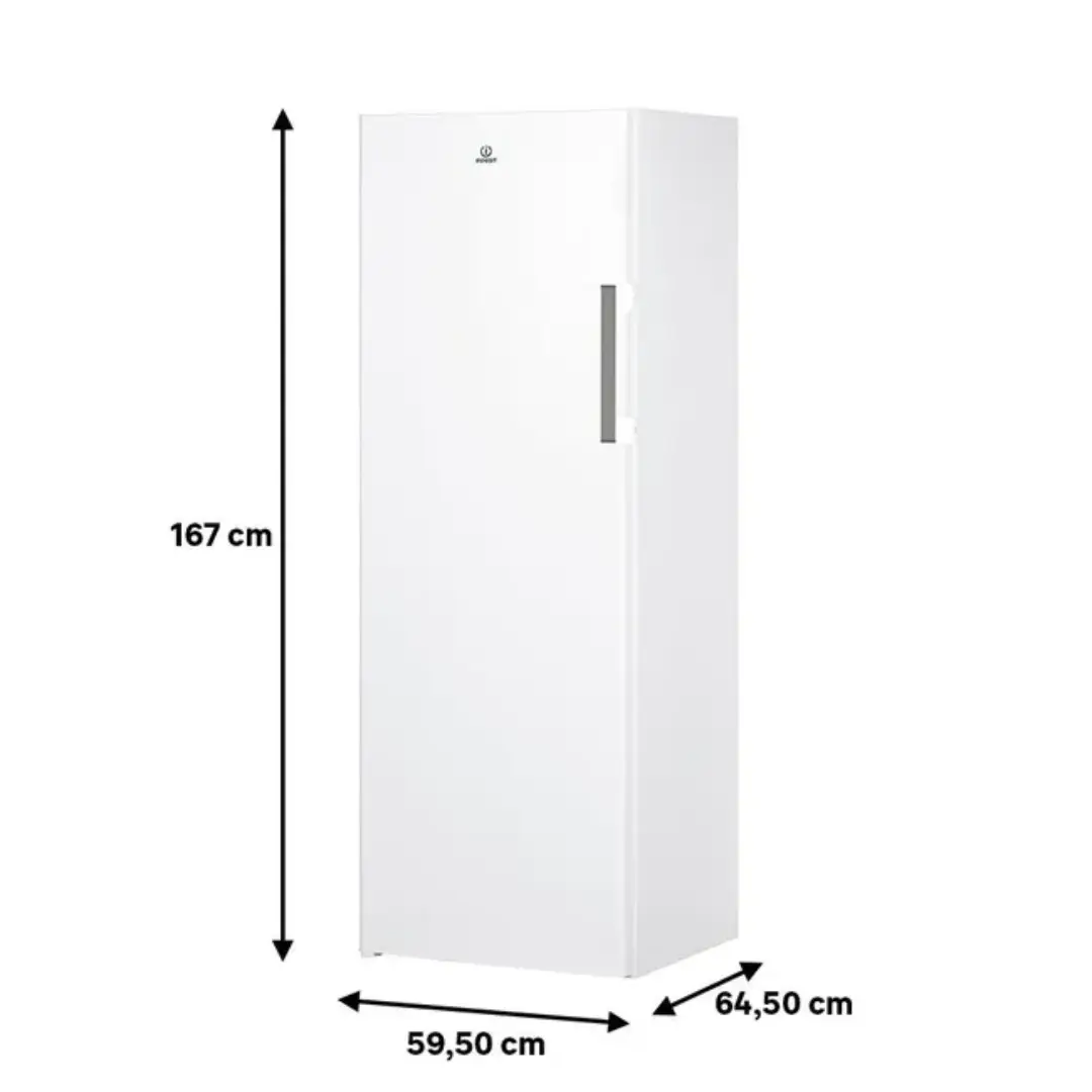 Imagen con las dimensiones del congelador Indesit UI6-2 W, mostrando altura, ancho y profundidad para instalación.