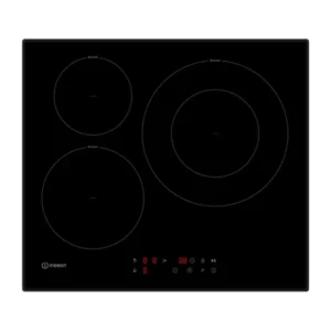 Imagen frontal de la placa de inducción Indesit ISF-13Q60 NE en color negro, con 3 zonas de cocción, potencia de 7.2 kW y ancho de 60 cm.