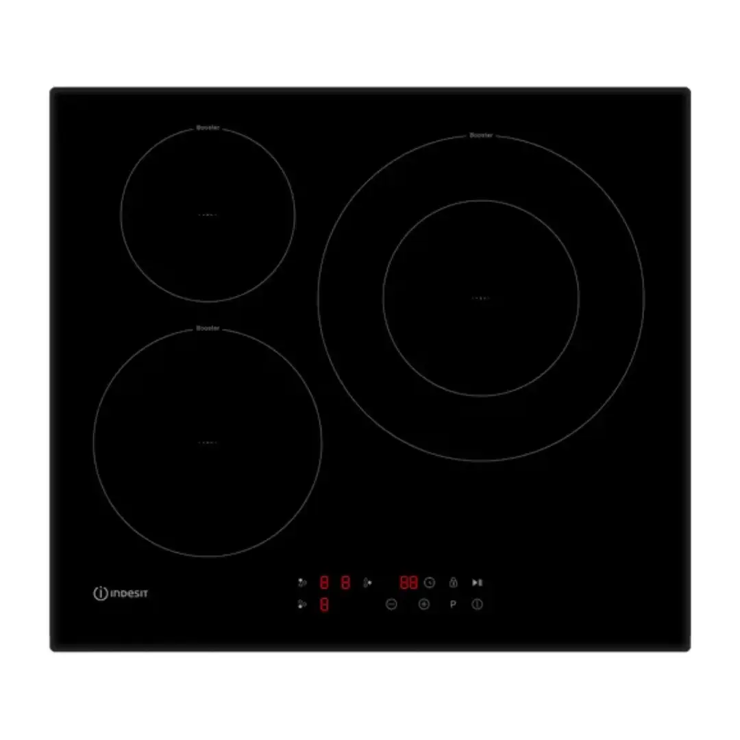 Imagen frontal de la placa de inducción Indesit ISF-13Q60 NE en color negro, con 3 zonas de cocción, potencia de 7.2 kW y ancho de 60 cm.